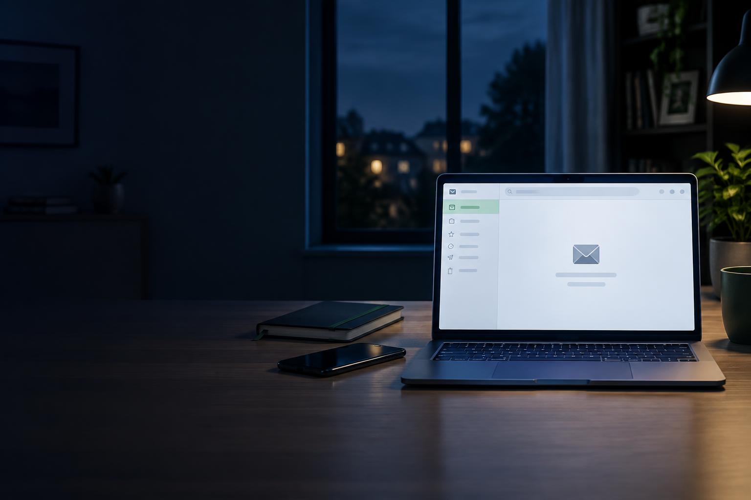 Laptop auf einem abendlichen Schreibtisch zeigt einen leeren Posteingang